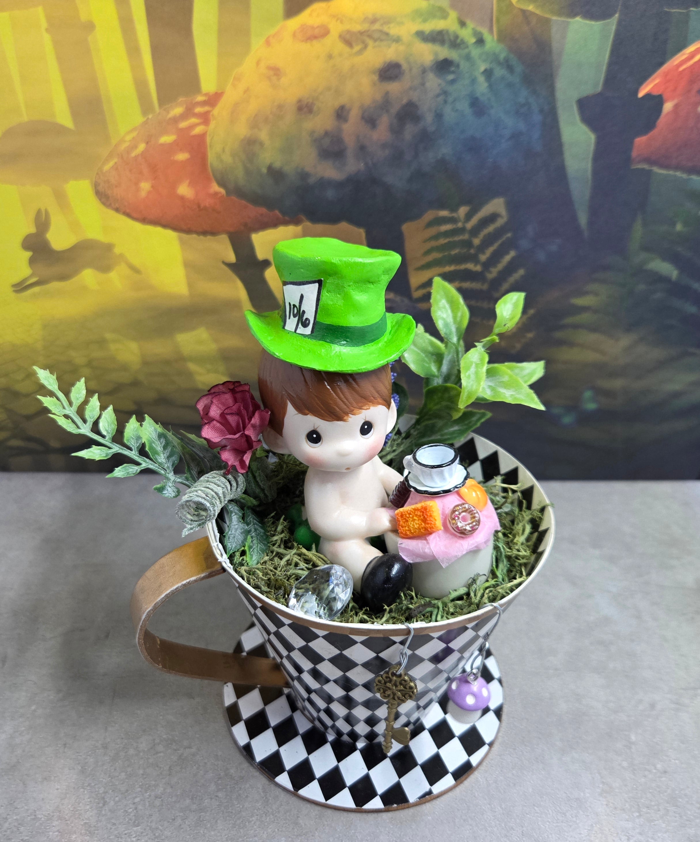 Altered "Baby Mad Hatter" Ceramic Figurine in Cup